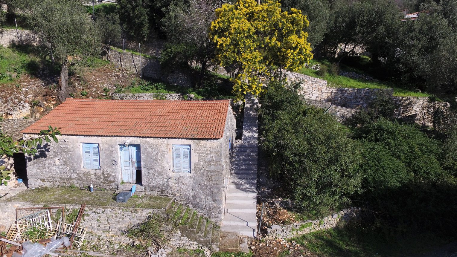 Aerial views of house for sale on Ithaca Greece, Kioni