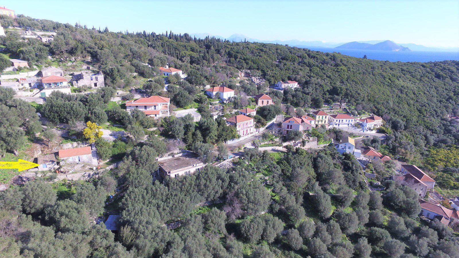 Aerial views of house for sale on Ithaca Greece, Kioni