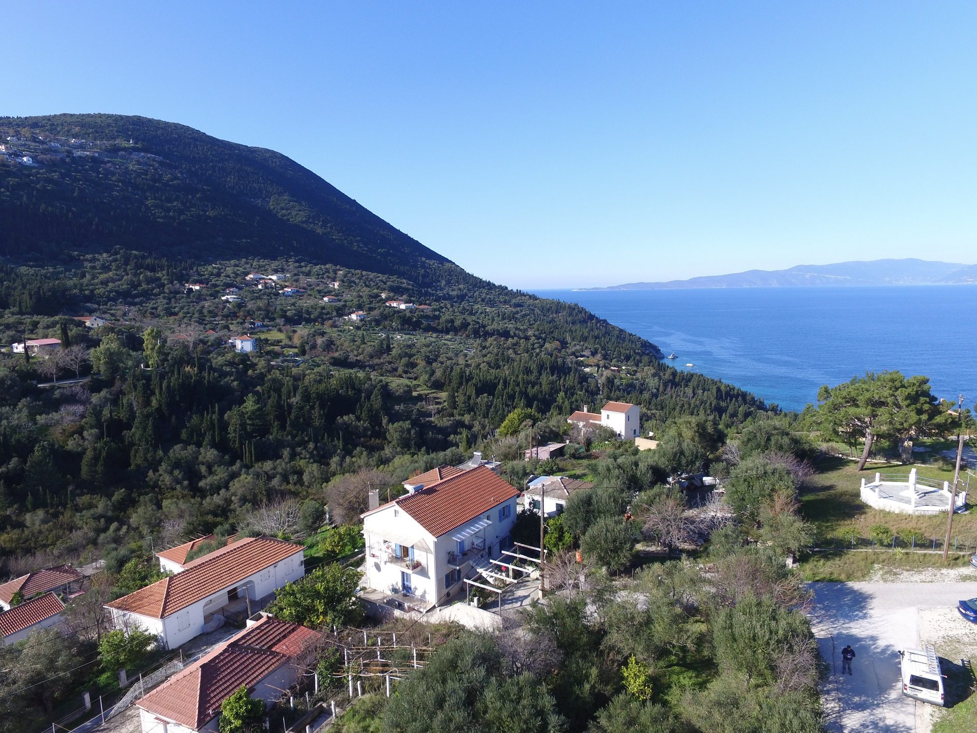 Aerial view of house with sea view for sale Ithaca Greece, Platrithya