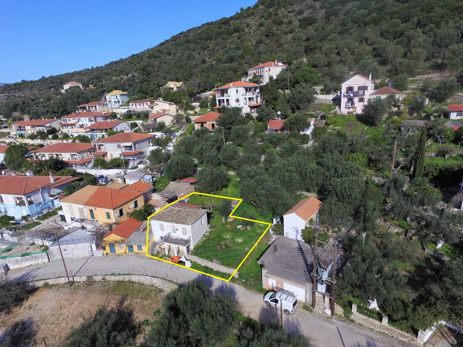 Aerial view with border of house for sale in Ithaca Greece, Vathi
