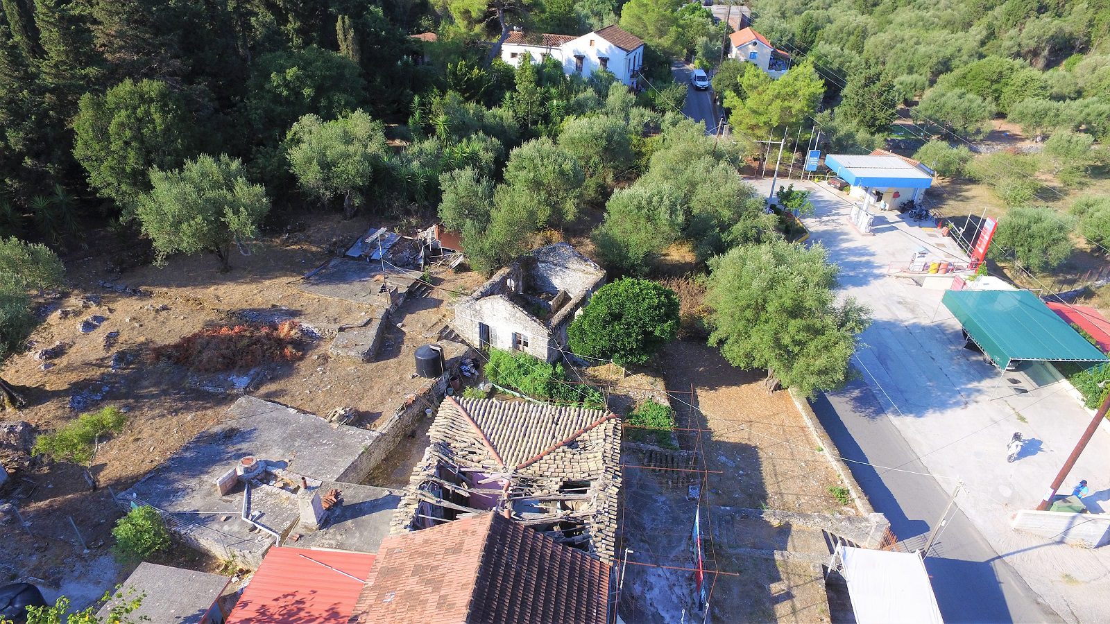 Aerial view of house and ruins for sale in Ithaca Greece
