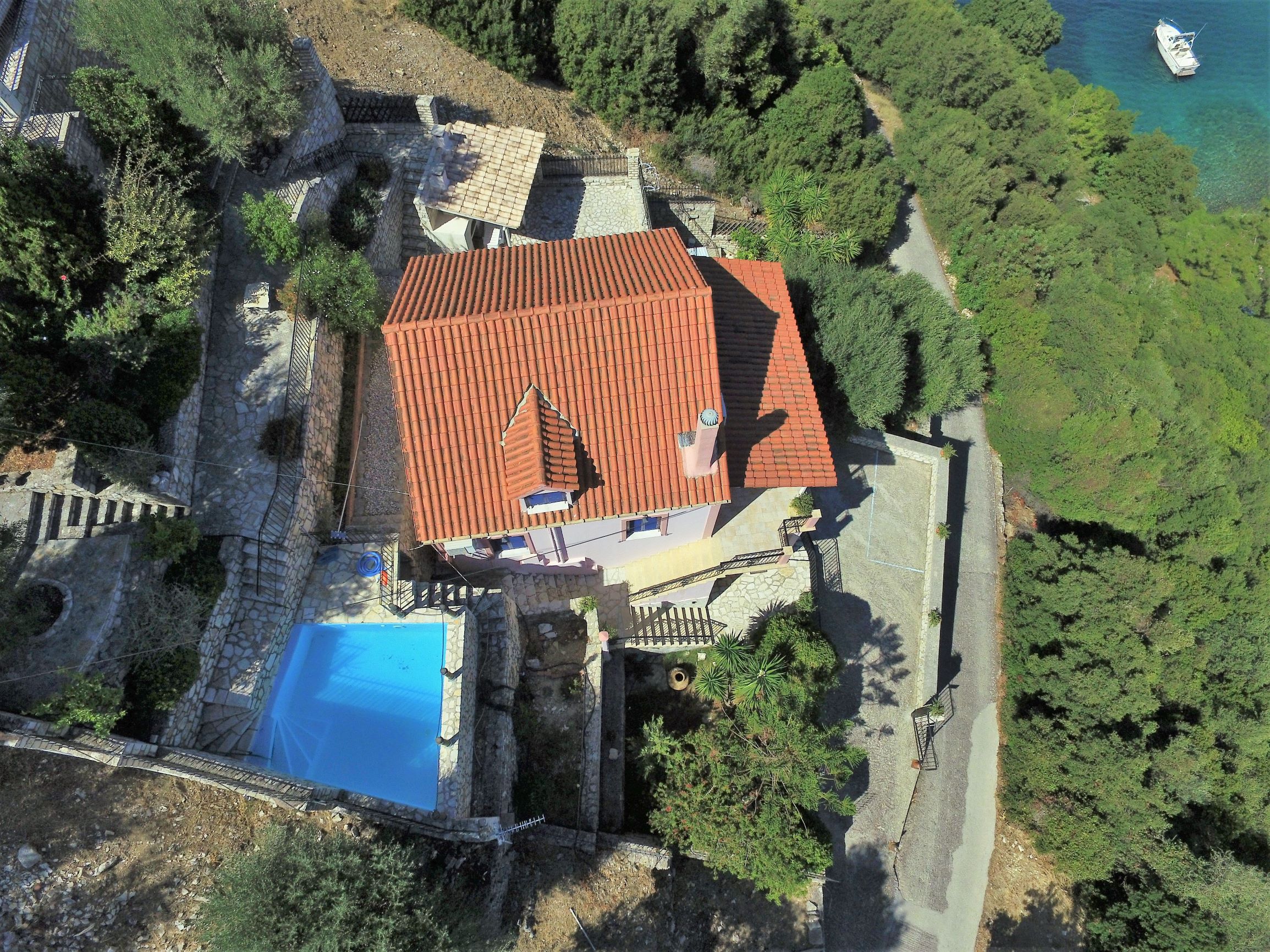 Aerial view of house for sale Ithaca Greece, Kioni