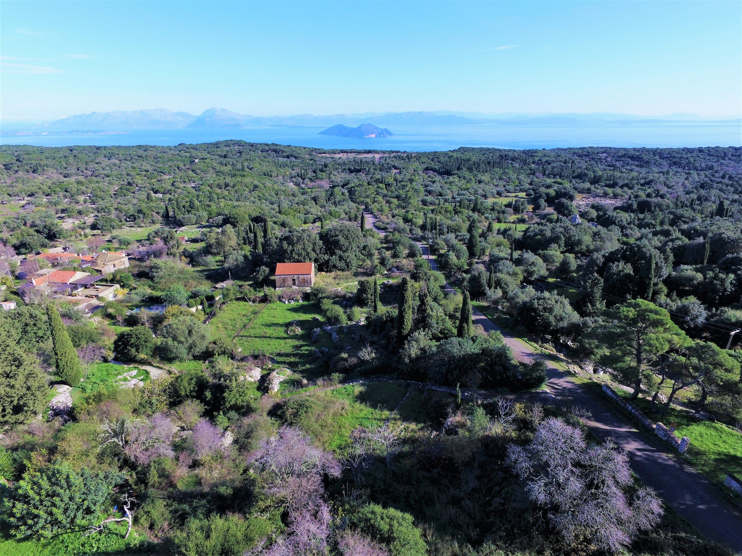 Aerial view of land with house for sale in Ithaca Greece, Anoghi