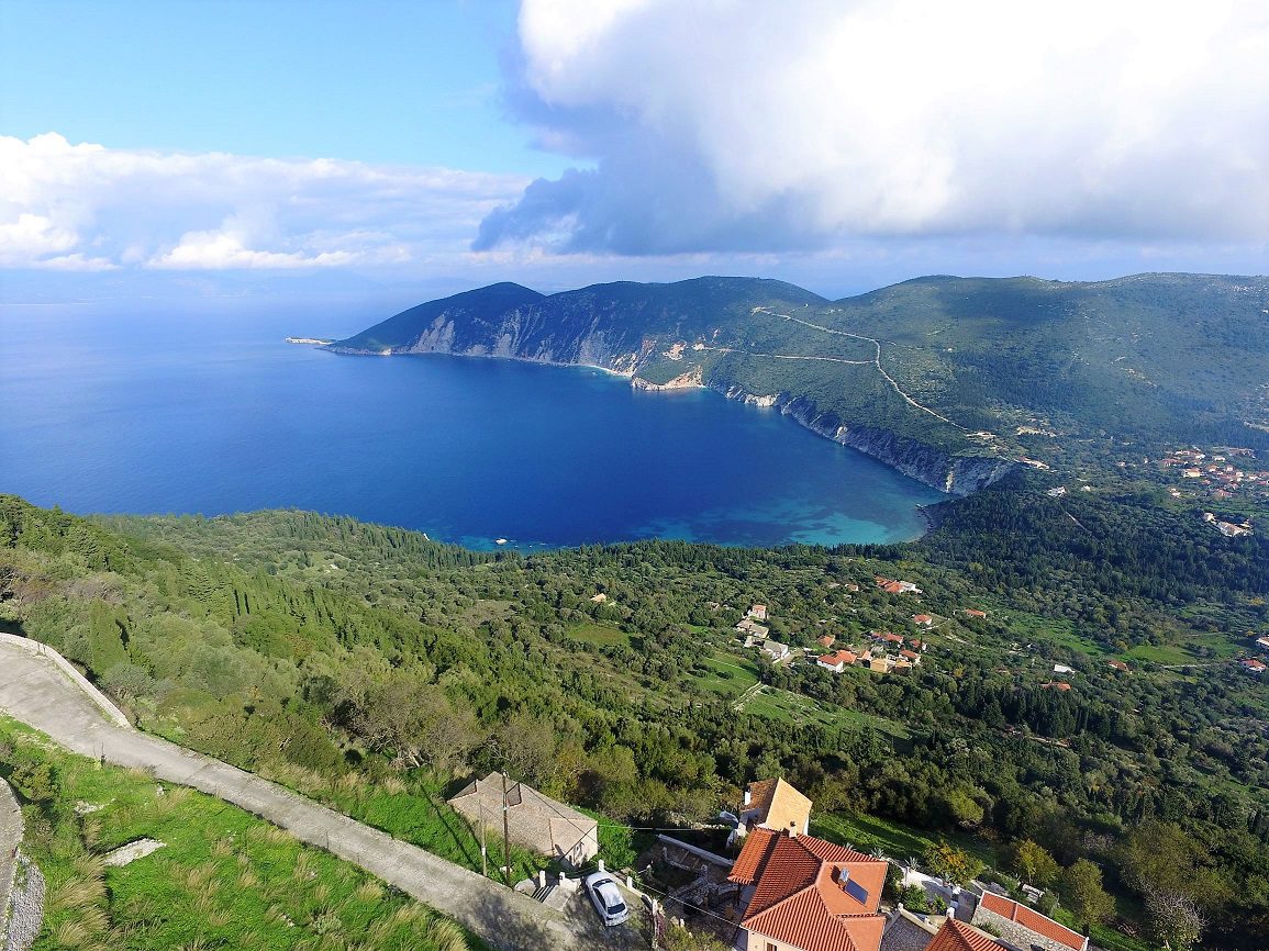 Aerial view of land and ruin for sale in Ithaca Greece Exoghi