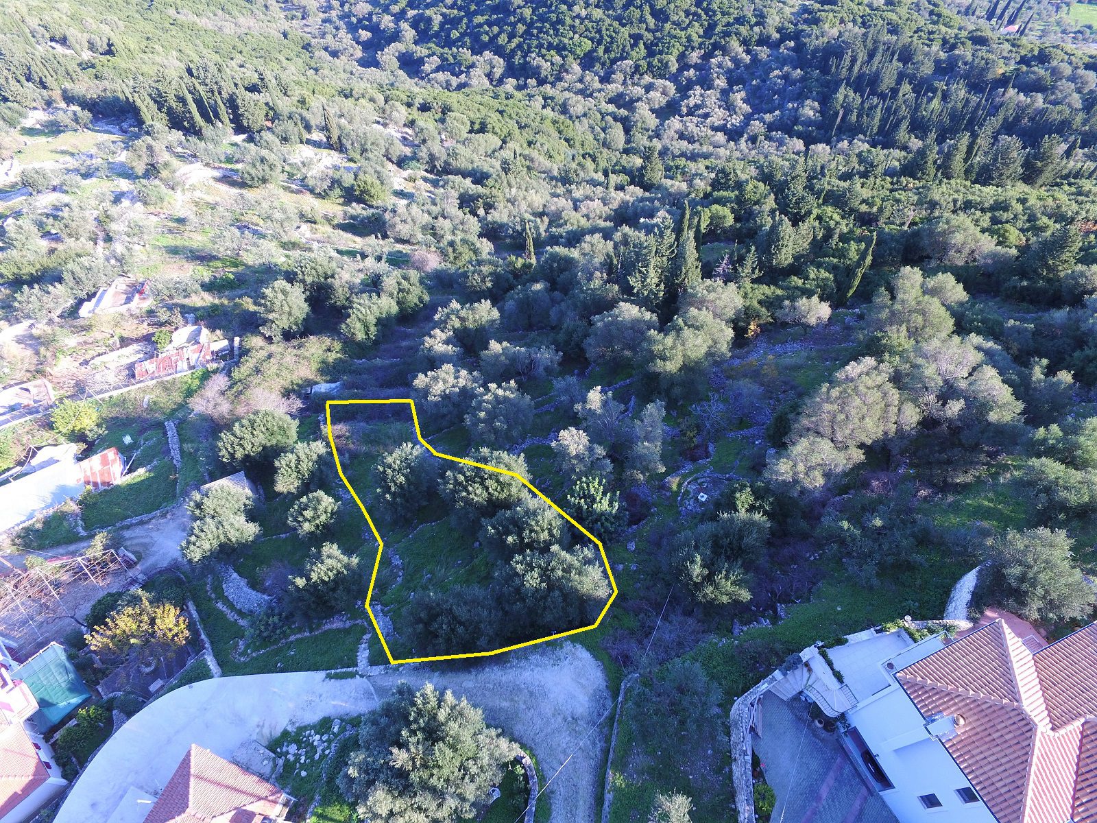 Aerial view and border of land for sale Ithaca Greece, Perachori