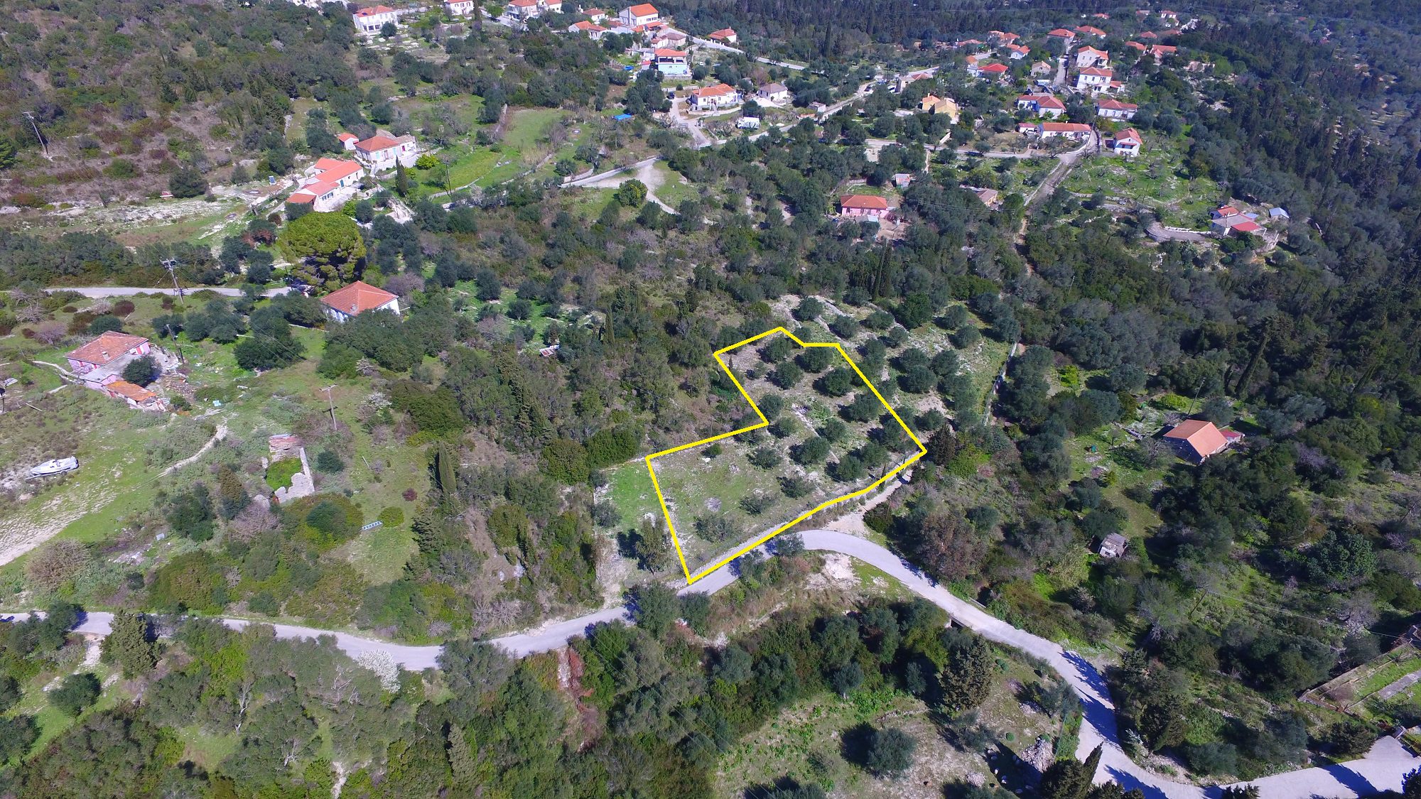 Aerial view of terrain of land for sale Ithaca Greece, Lahos