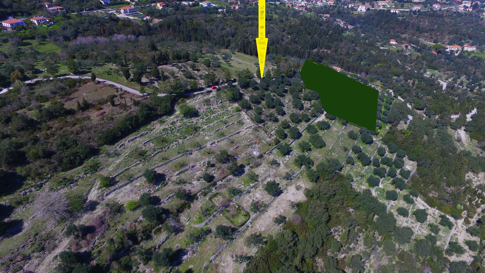 Aerial view and border of land with building license for sale in Ithaca Greece Pilikata