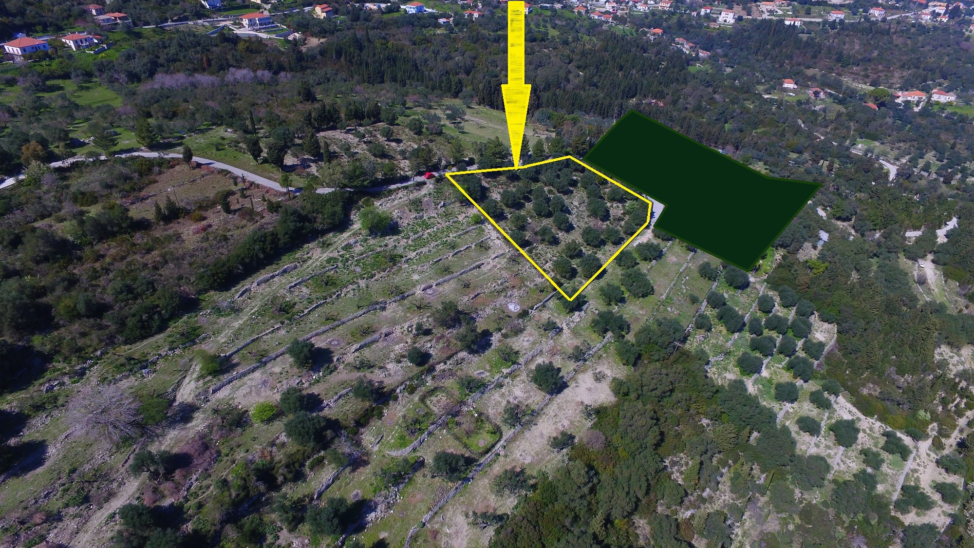 Aerial view and border of land with building license for sale in Ithaca Greece Pilikata