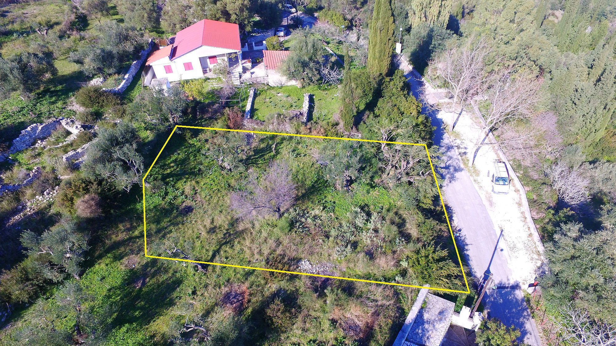 Aerial and border of land for sale in Ithaca Greece Kolleri