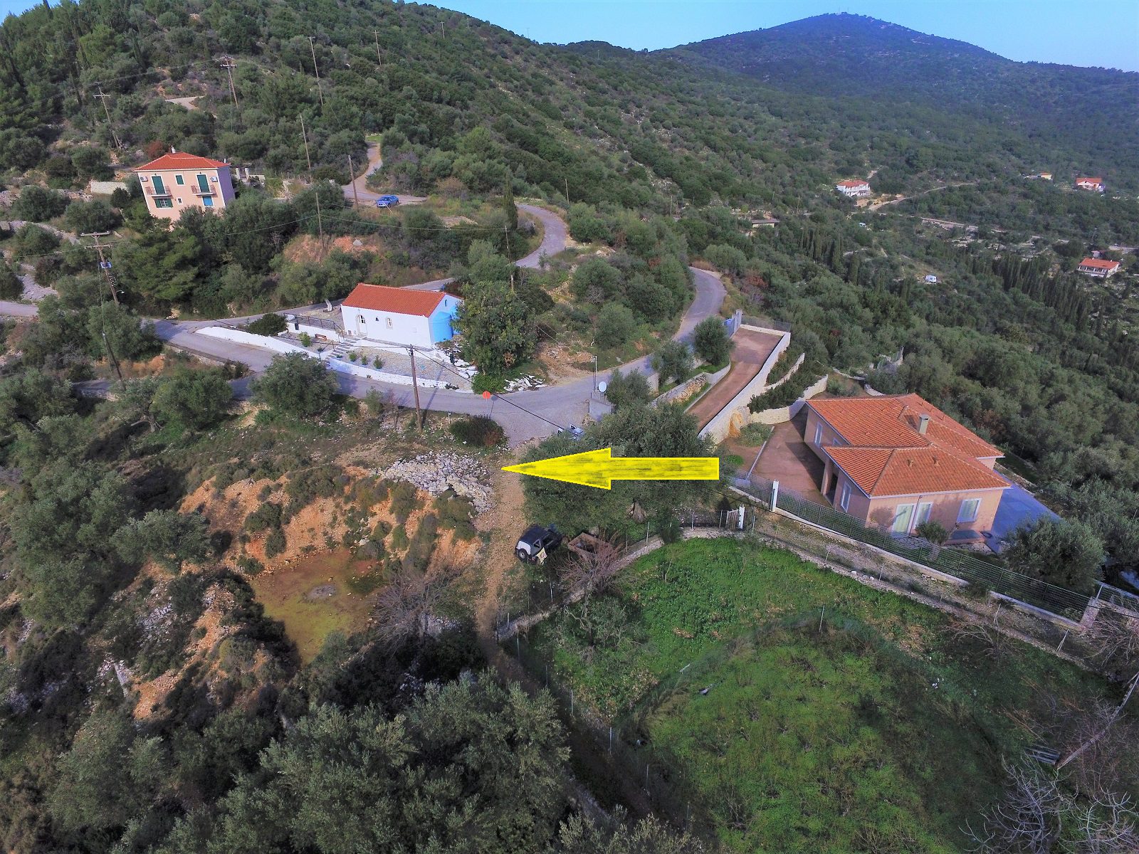 Aerial view of land and building for sale in Ithaca Greece