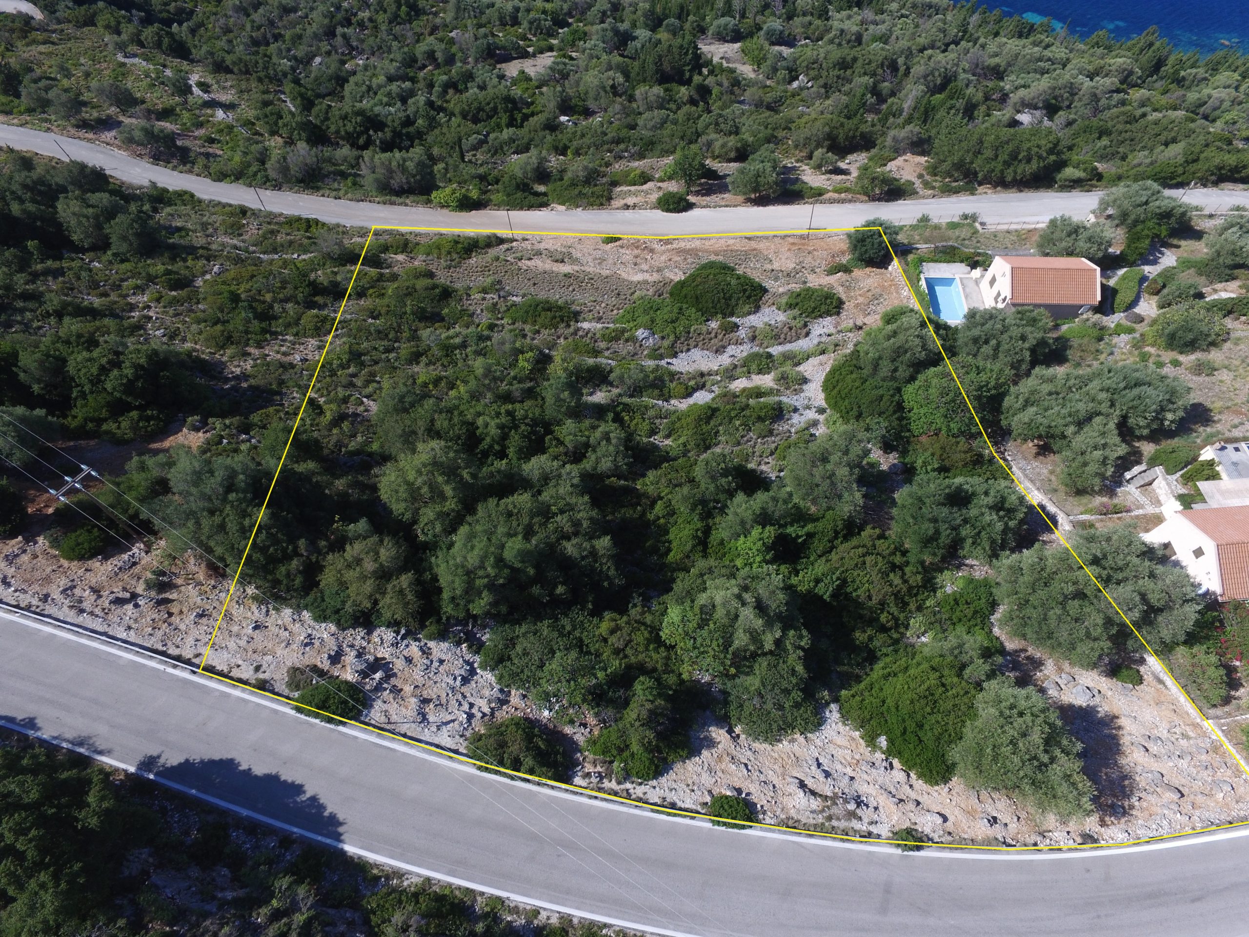 Aerial landscape of land for sale Ithaca Greece Lefki