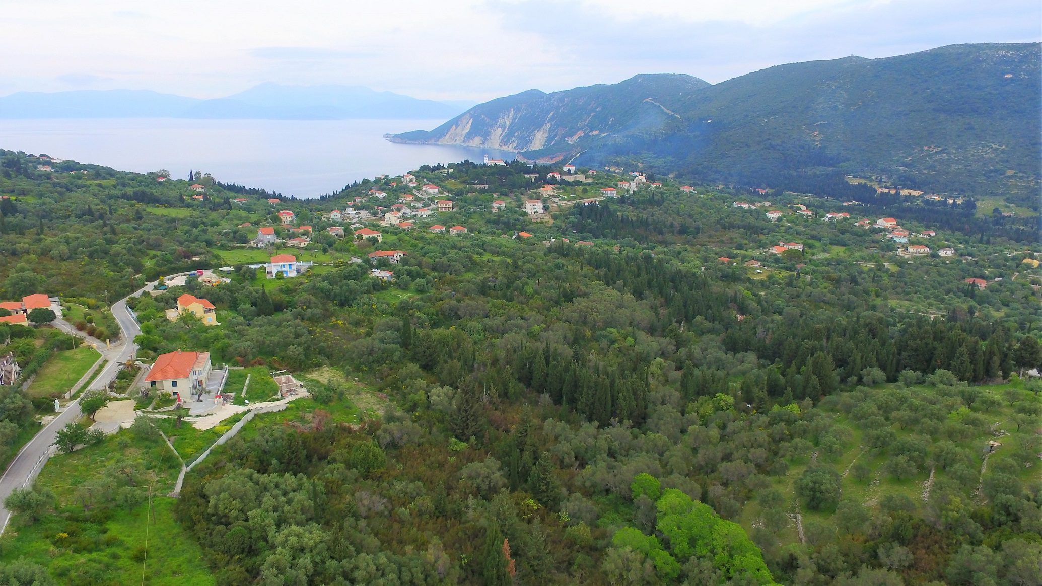 Aerial view of terrain of land for sale Ithaca Greece, Platrithya