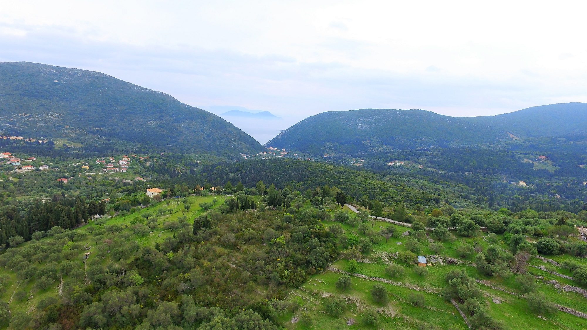Aerial view of terrain of land for sale Ithaca Greece, Platrithya
