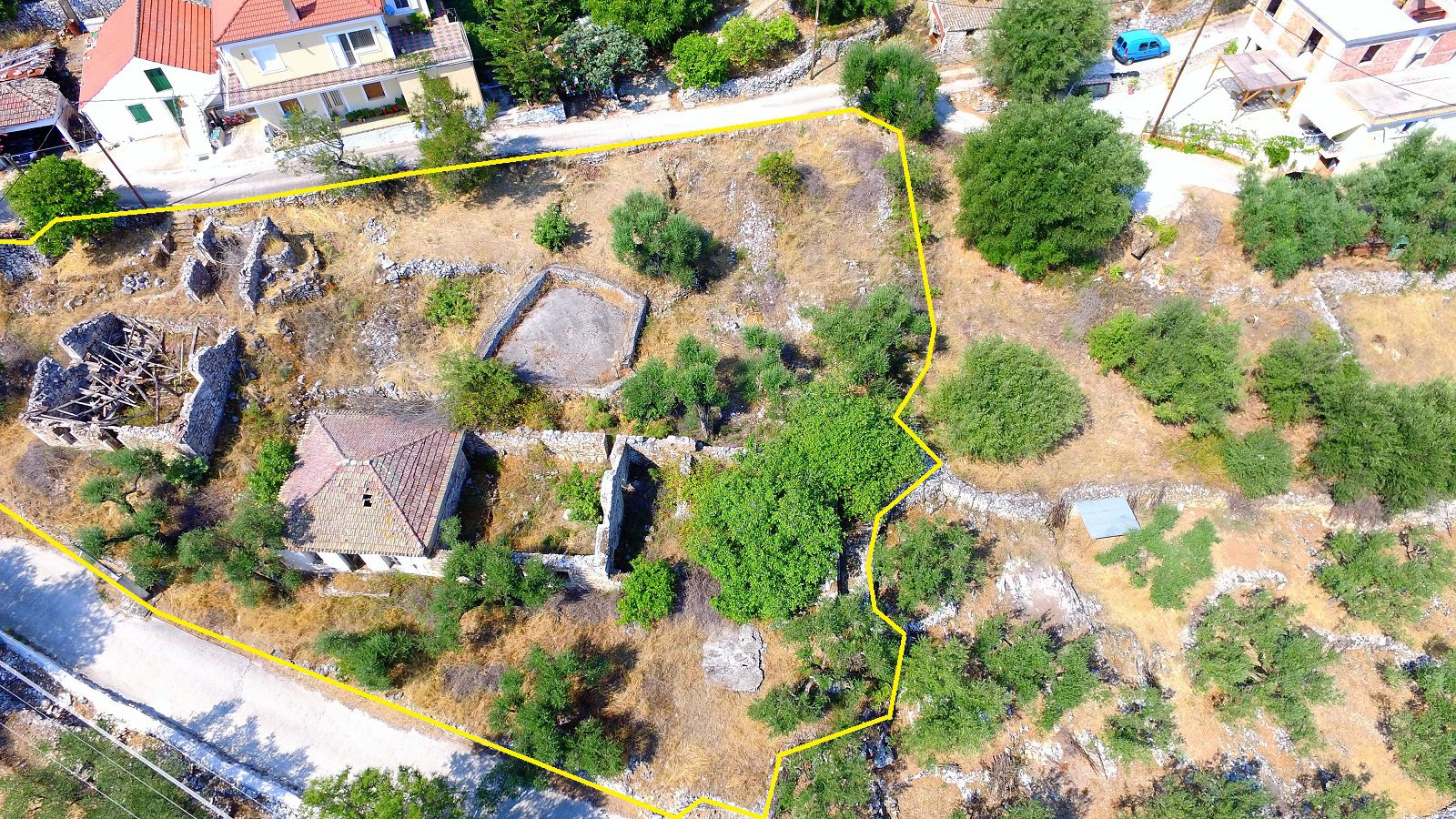 Aerial view and boundaries of house and ruins for sale in Ithaca Greece Perachori