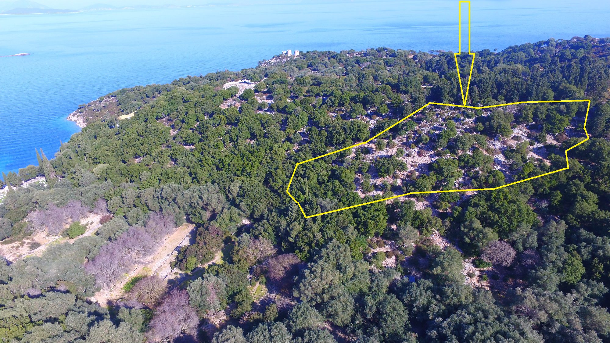 Aerial view of border of land for sale in Ithaca Greece