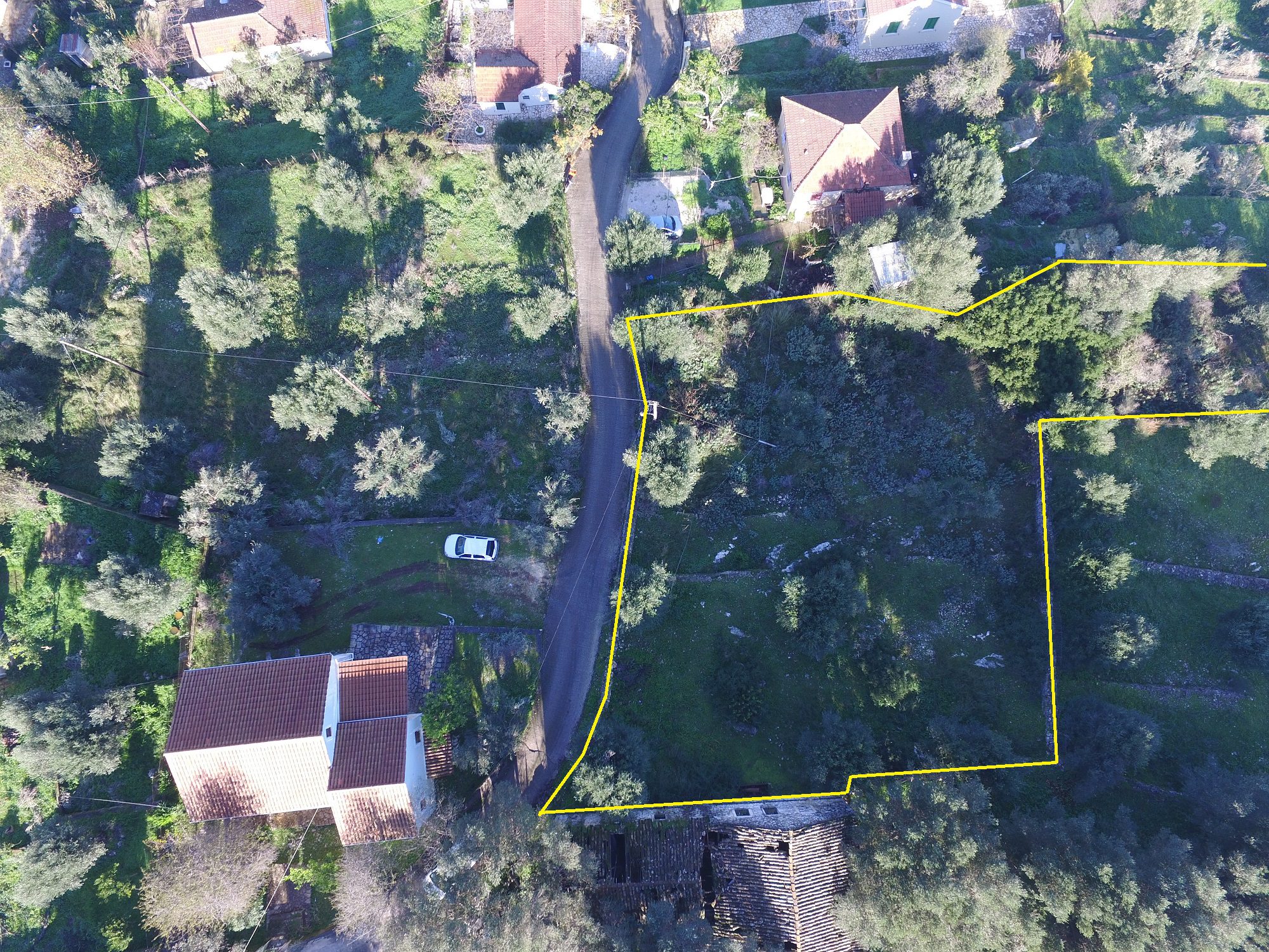 Aerial view of terrain of land for sale Ithaca Greece Stavros