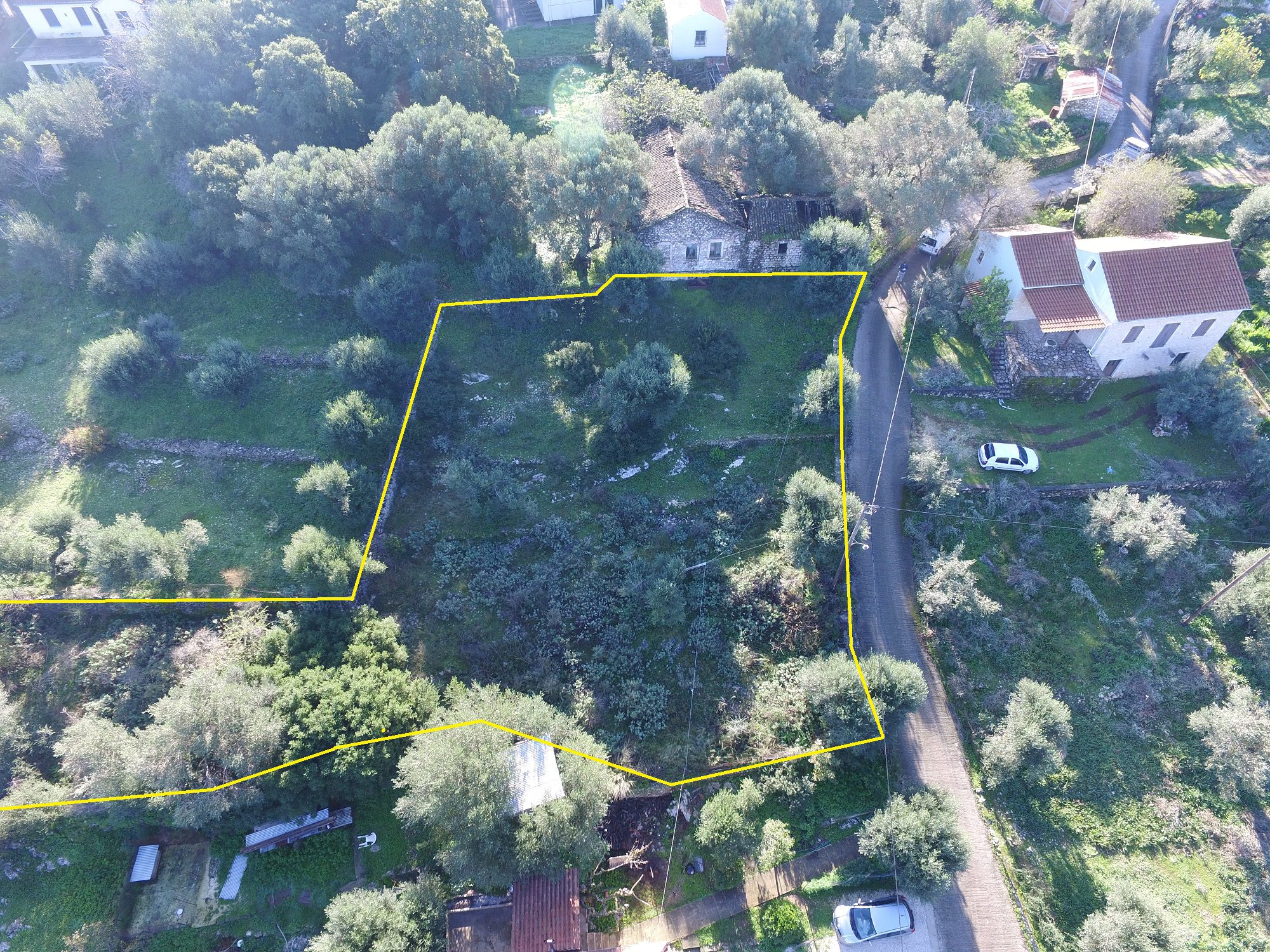 Aerial view of terrain of land for sale Ithaca Greece Stavros