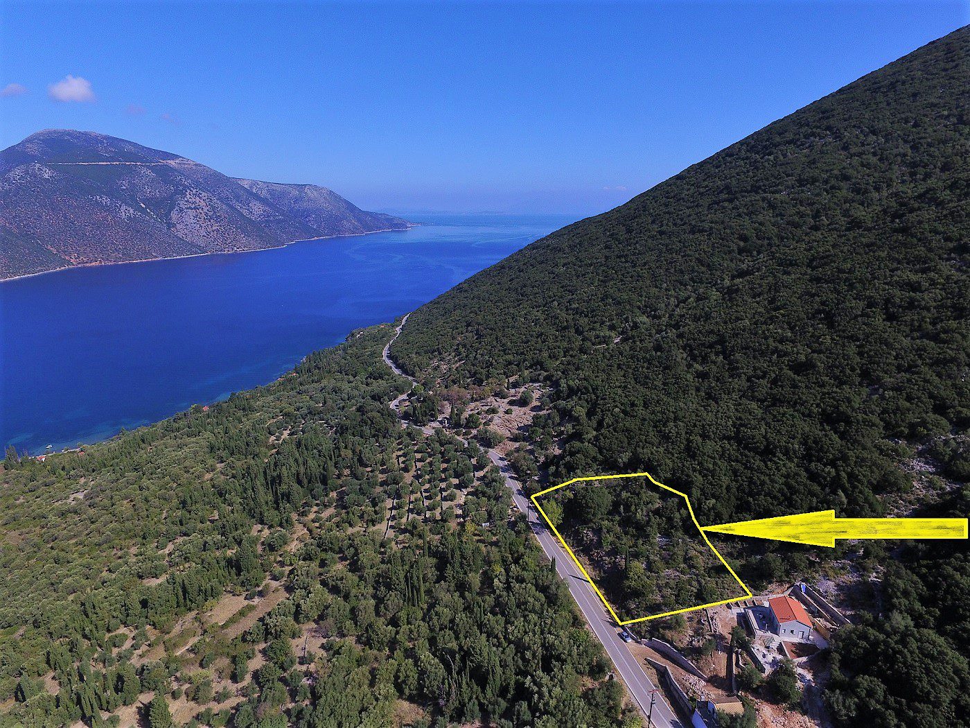 Aerial view and border of land for sale in Ithaca Greece Piso Aetos