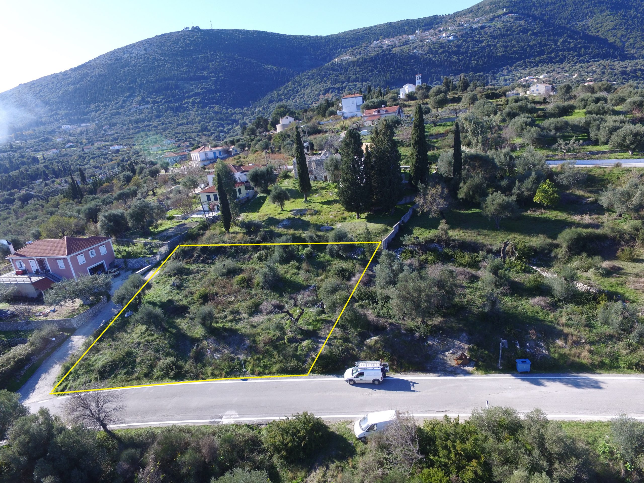 Aerial view of terrain of land for sale Ithaca Greece, Ag. Saranda