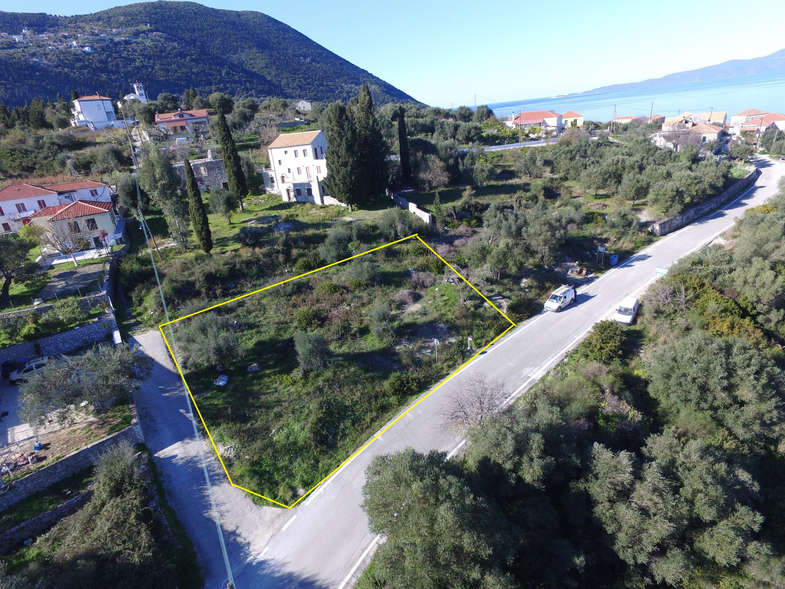 Aerial view of terrain of land for sale Ithaca Greece, Ag. Saranda