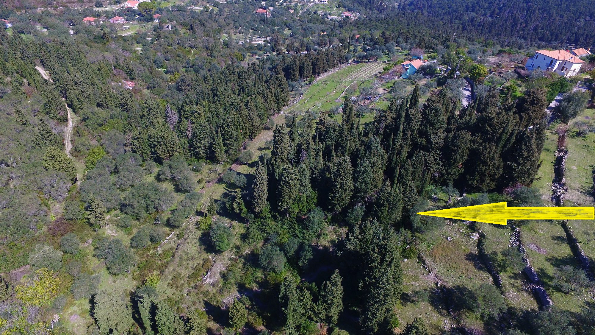 Aerial view of terrain of land for sale Ithaca Greece, Lahos