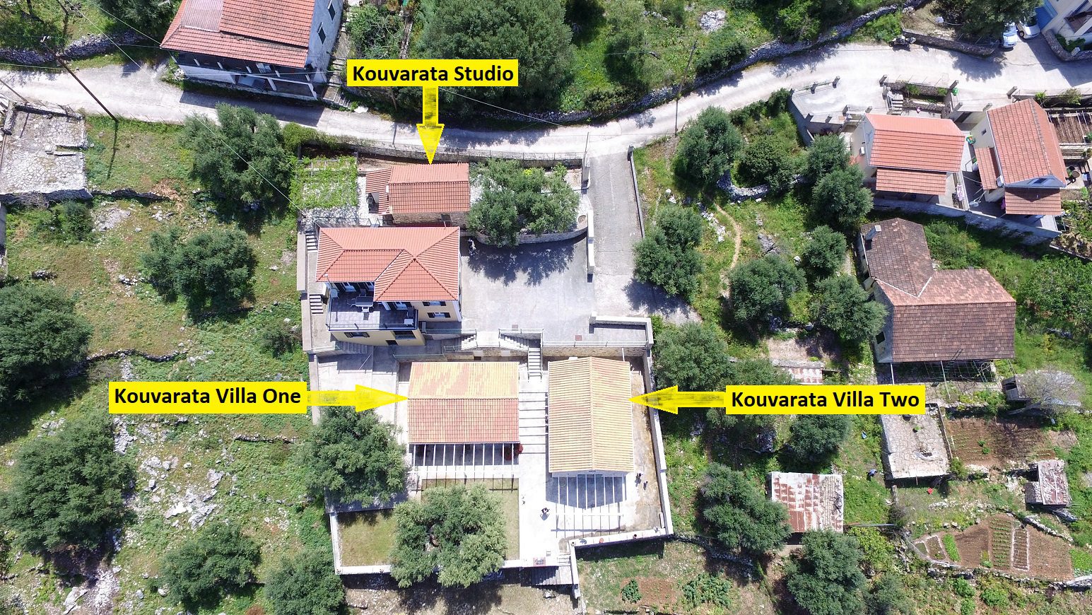 Aerial views of holiday houses for rent on Ithaca Greece, Stavros