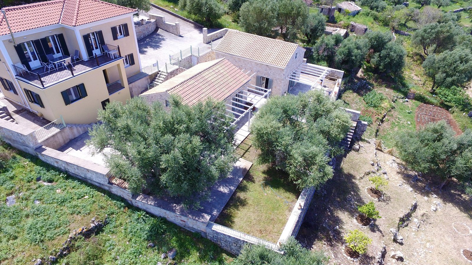 Aerial views of holiday houses for rent on Ithaca Greece, Stavros