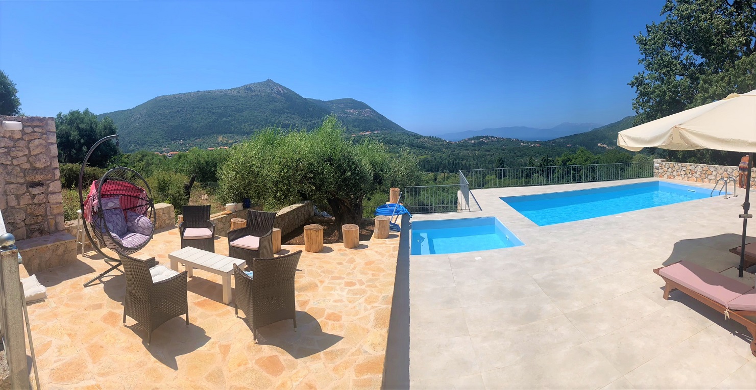 Panoramic view of swimming pools of villa for rent on Ithaca Greece, Stavros