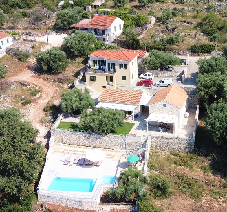 Drone pics of villa with swimming pool for rent on Ithaca Greece, Stavros