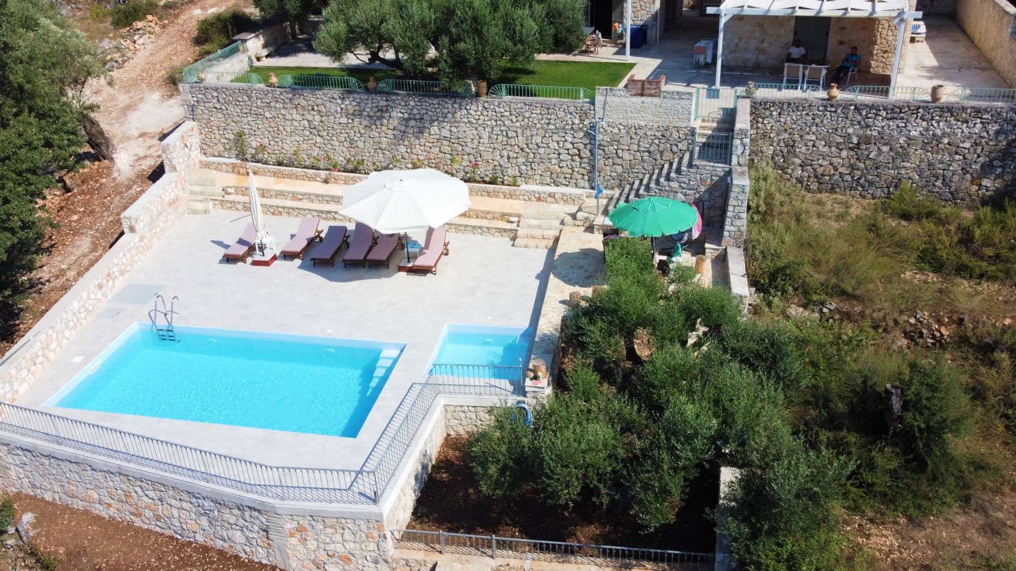 Drone pics of swimming pools of villa for rent on Ithaca Greece, Stavros