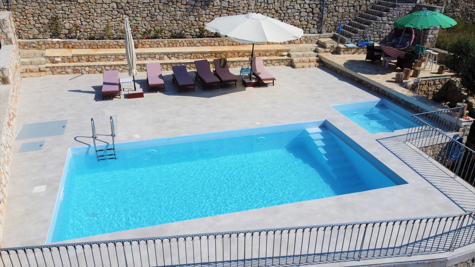 Drone pics of swimming pools of villa for rent on Ithaca Greece, Stavros