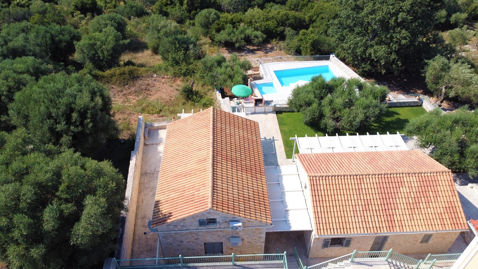 Drone pics of villa with swimming pool for rent on Ithaca Greece, Stavros