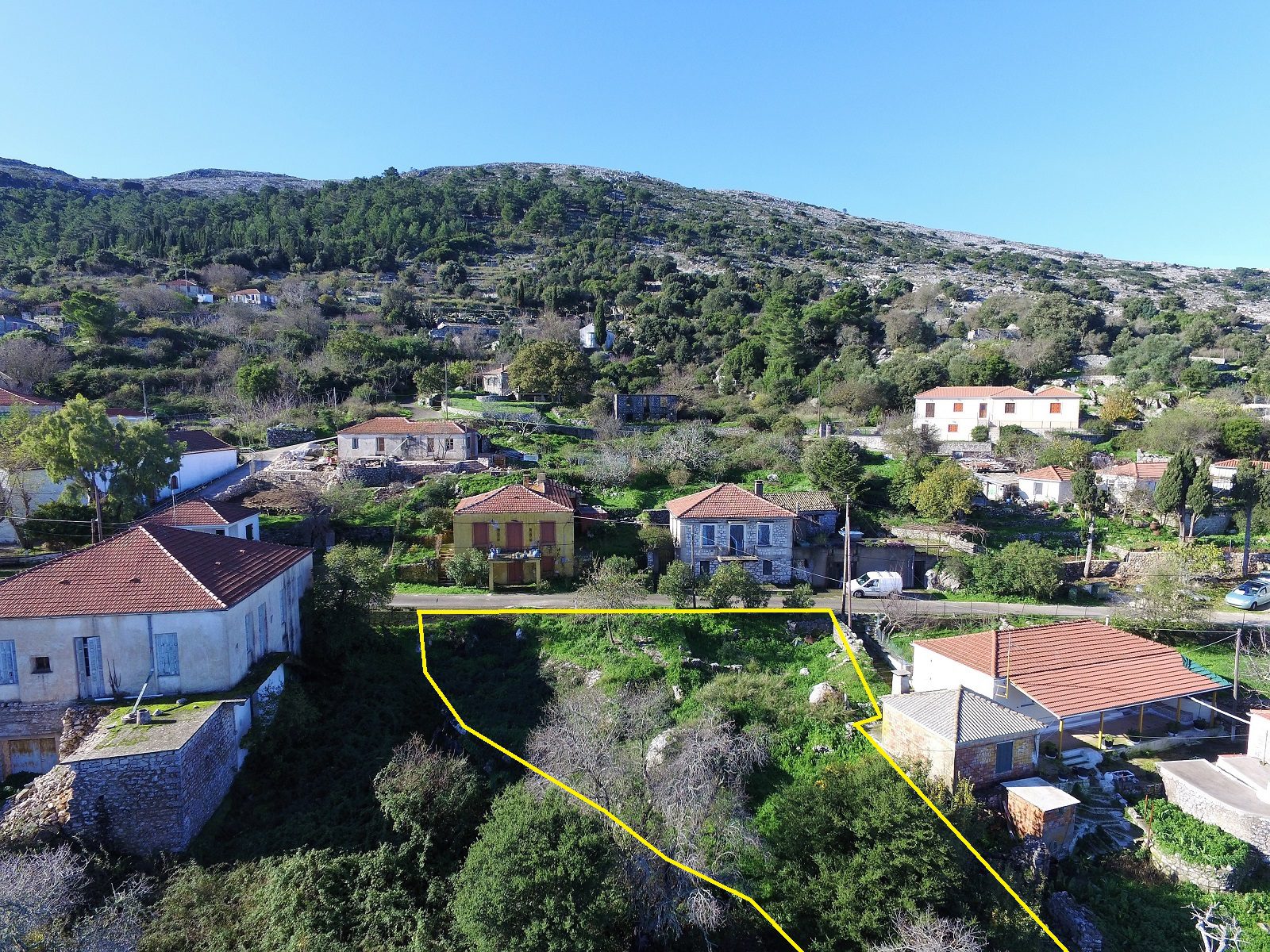 Aerial view and border of land for sale Ithaca Greece, Anoghi