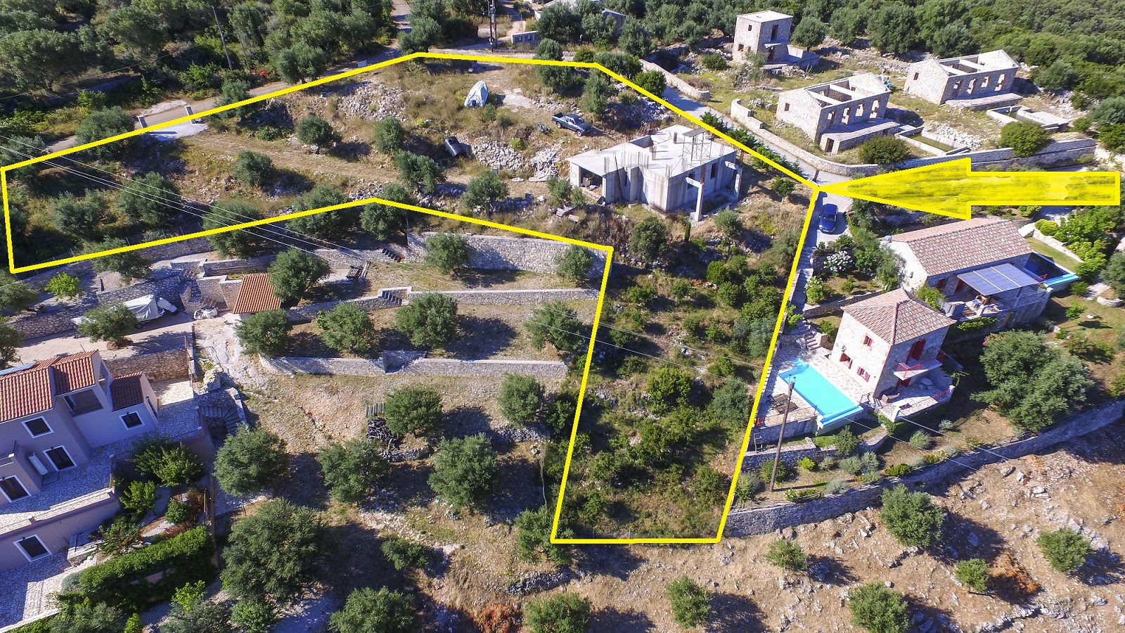 Aerial view with border of house for sale in Ithaca Greece Vathi