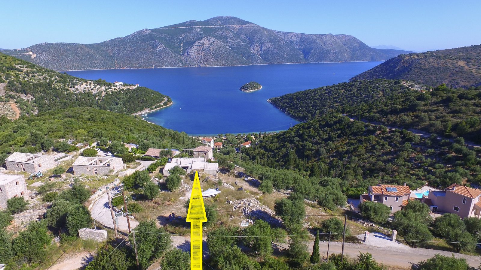 Aerial view with border of house for sale in Ithaca Greece Vathi