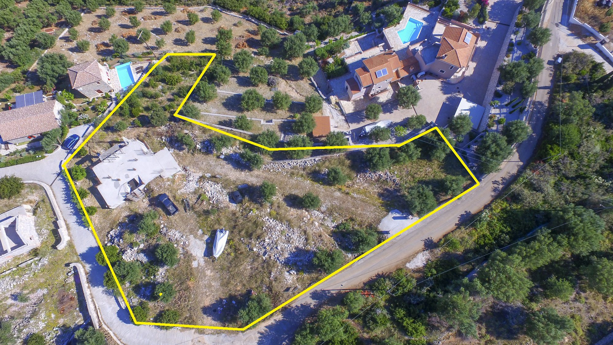 Aerial view with border of house for sale in Ithaca Greece Vathi