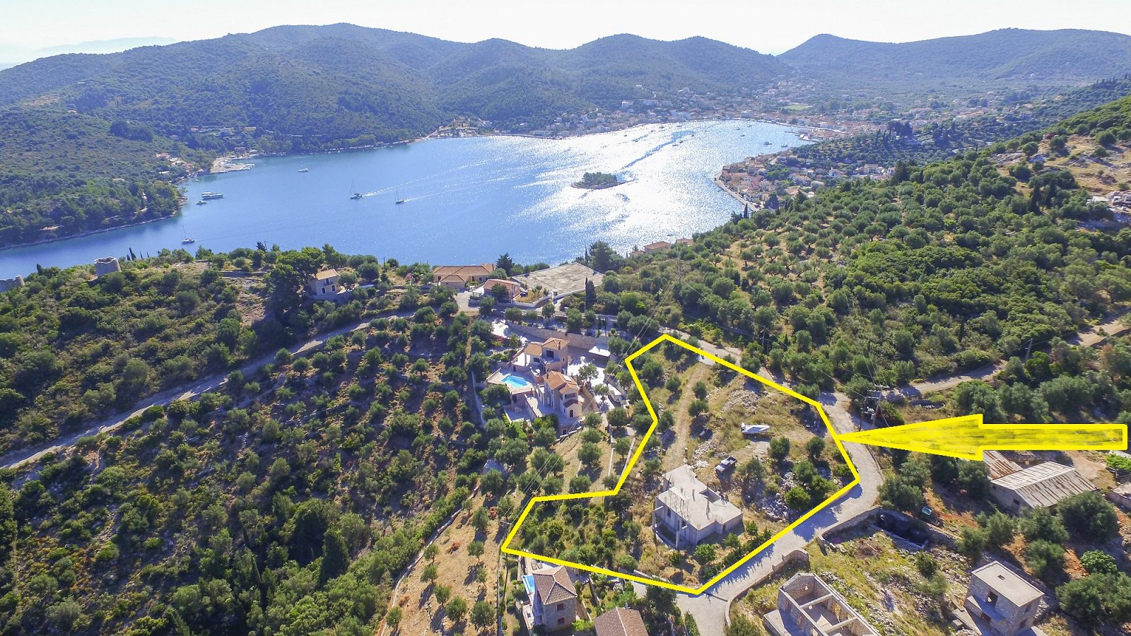 Aerial view with border of house for sale in Ithaca Greece Vathi