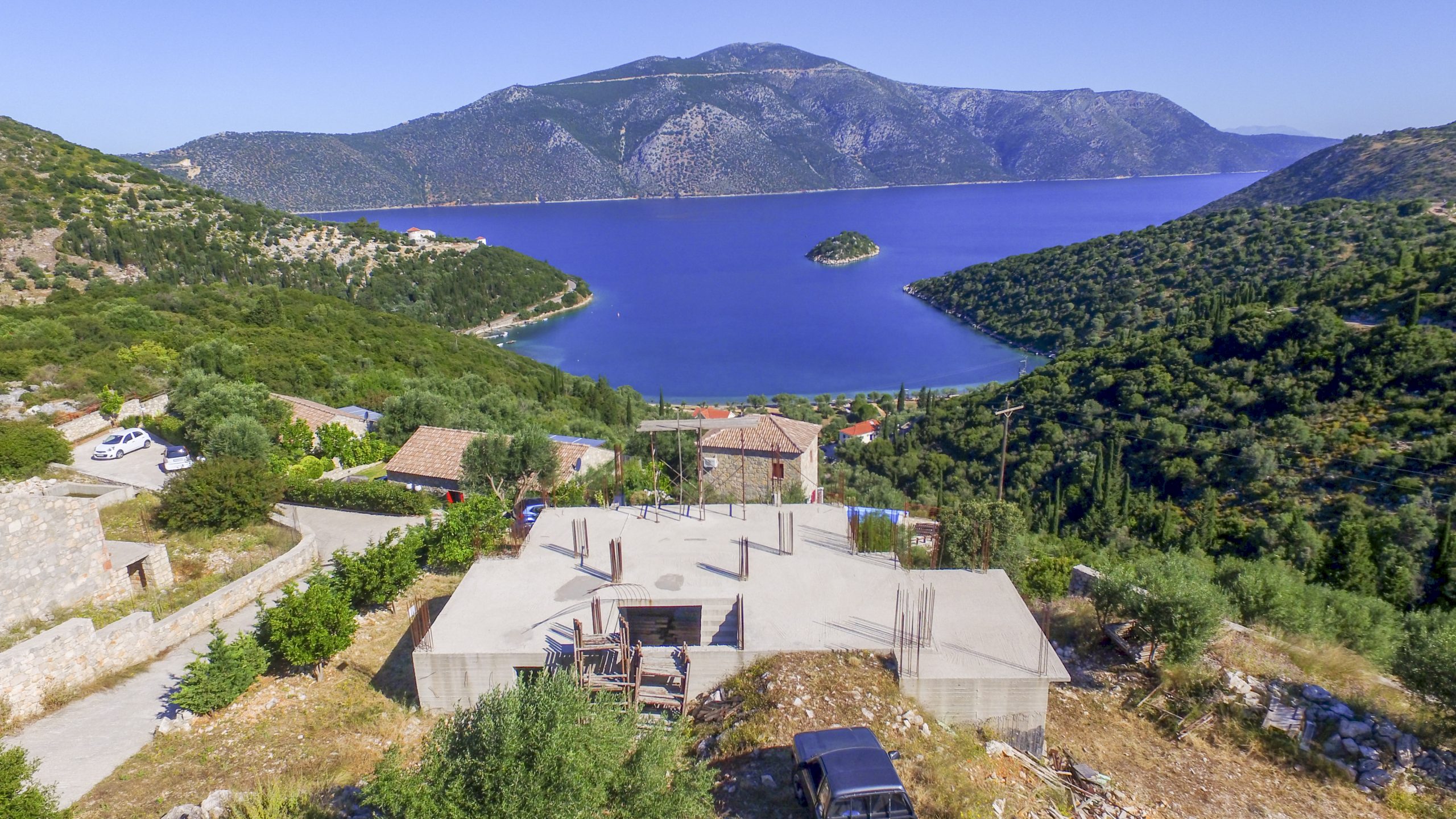 Aerial view of house for sale in Ithaca Greece Vathi
