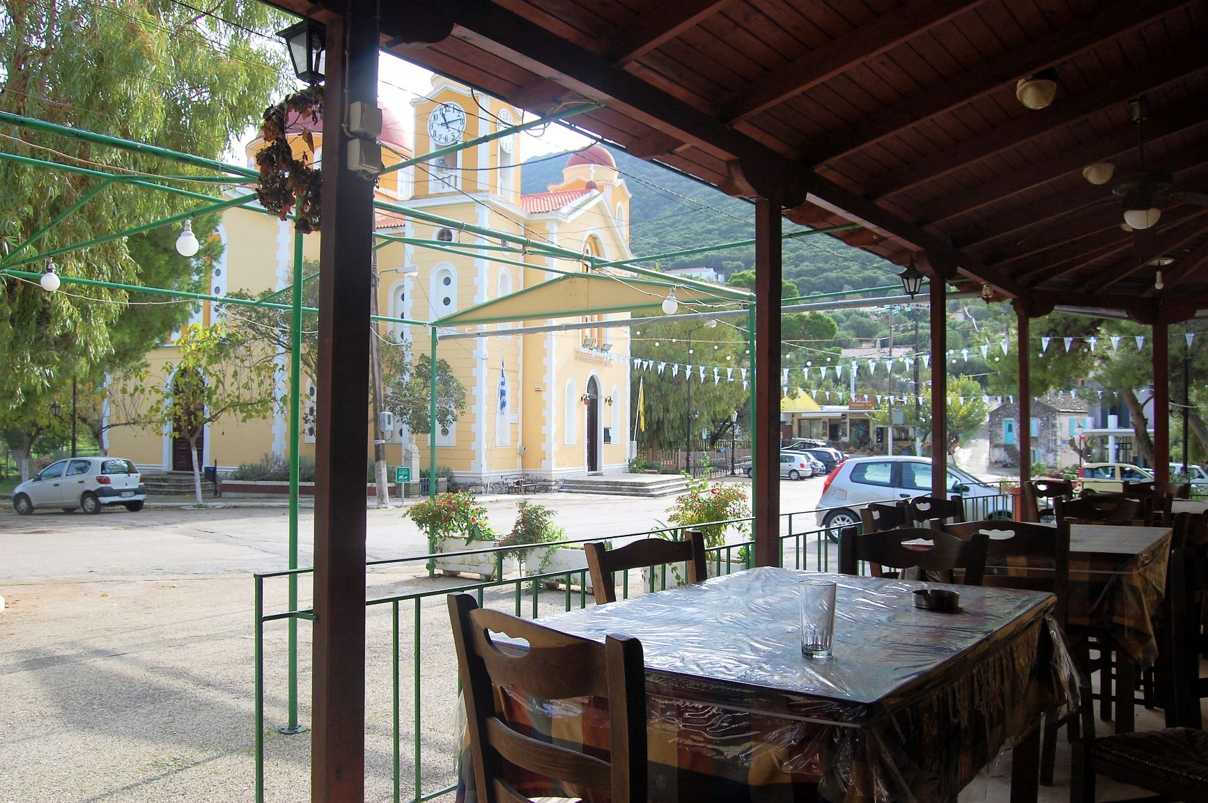 Outside seating area of restaurant for sale in Ithaca Greece, Stavros