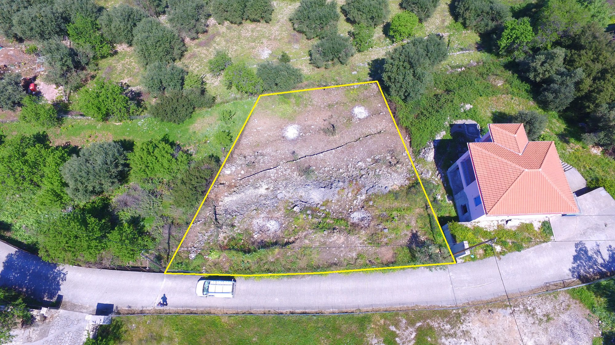 Aerial with border view of land for sale Ithaca Greece Stavros