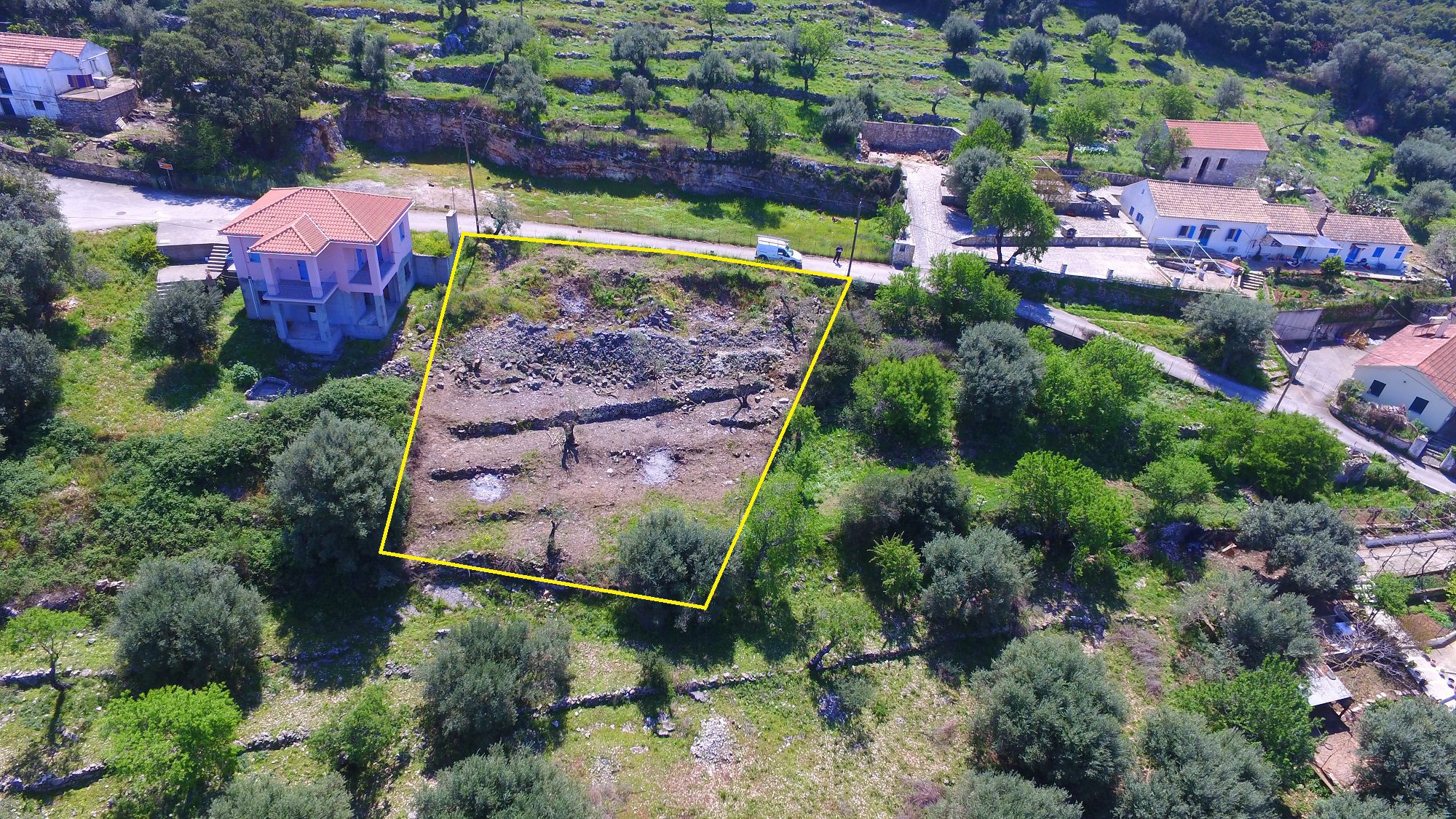 Aerial with border view of land for sale Ithaca Greece Stavros