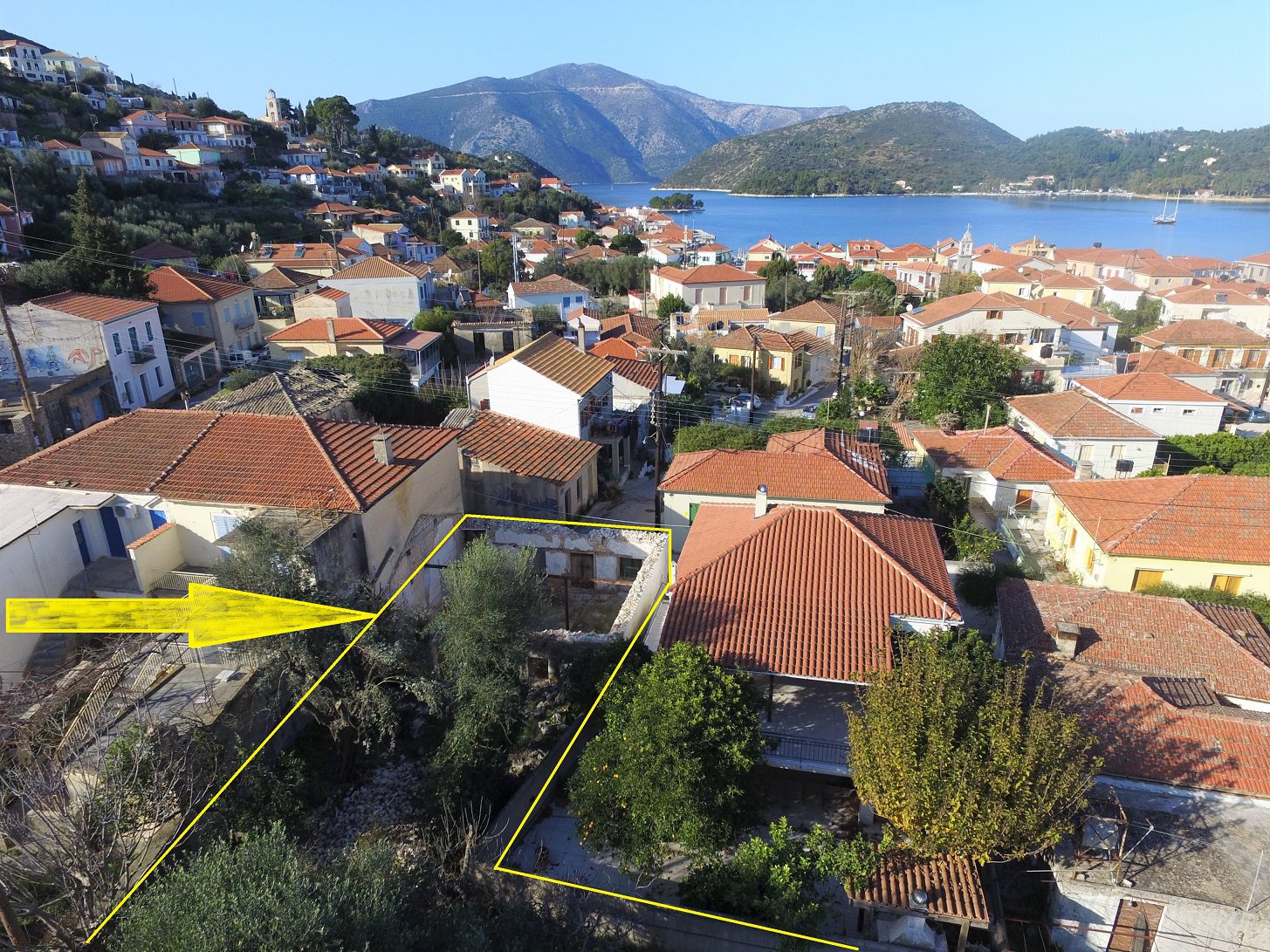 Aerial view and border of ruin for sale in Ithaca Greece Vathi