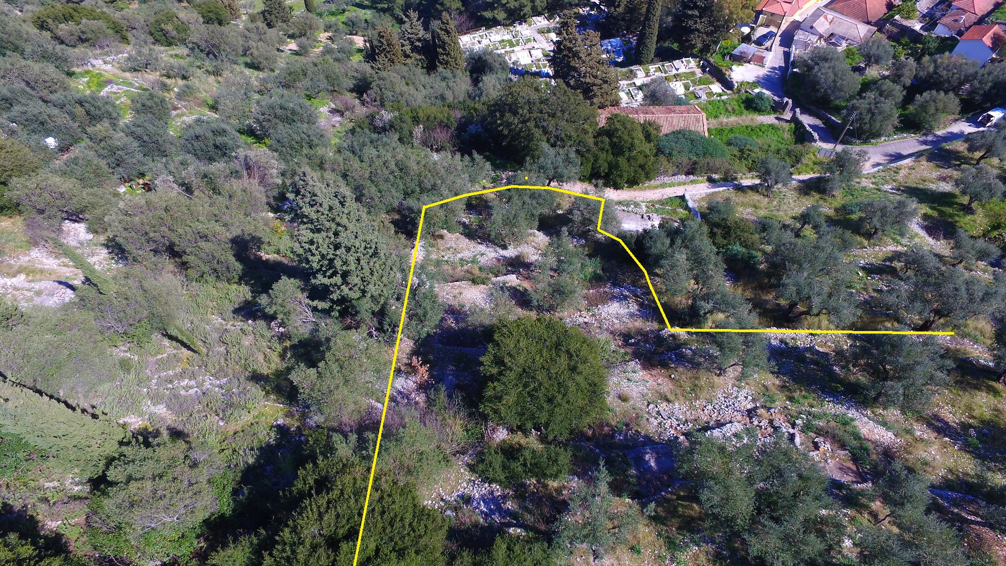 Aerial view and border of land for sale Ithaca Greece Perachori