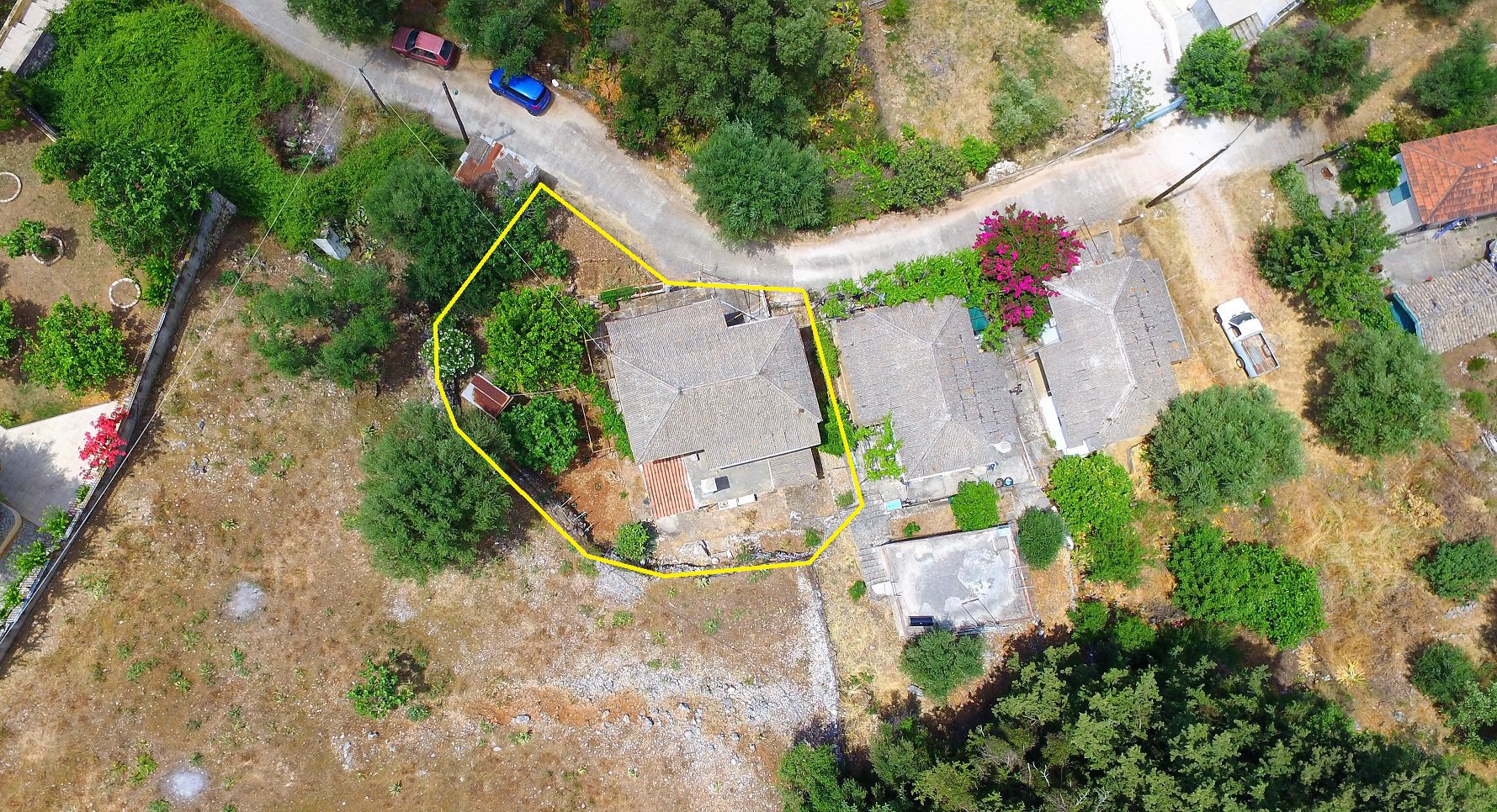 Aerial view and border of house for sale in Ithaca Greece, Lefki