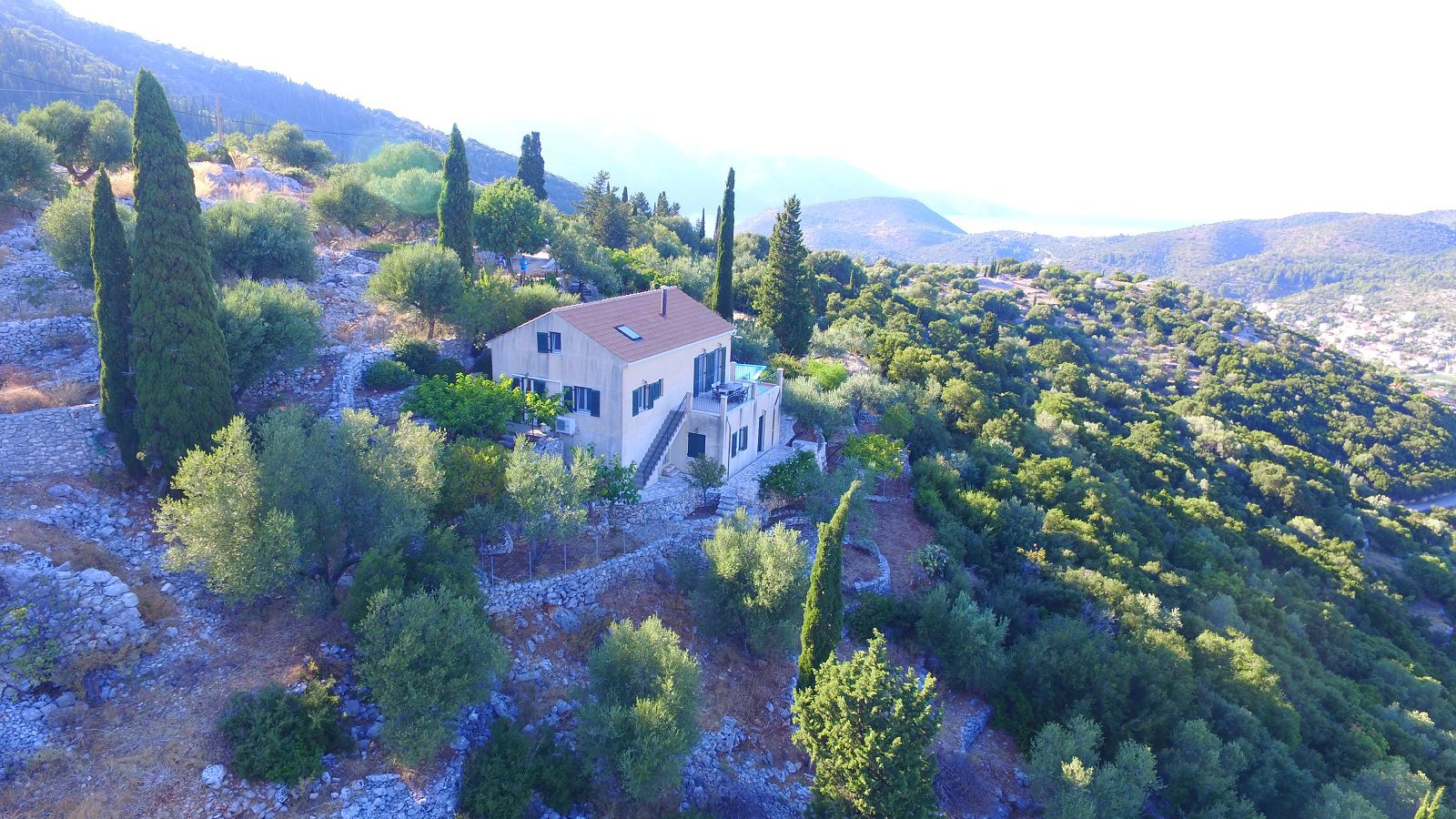 Aerial landscape view of property for sale Ithaca Greece Perachori