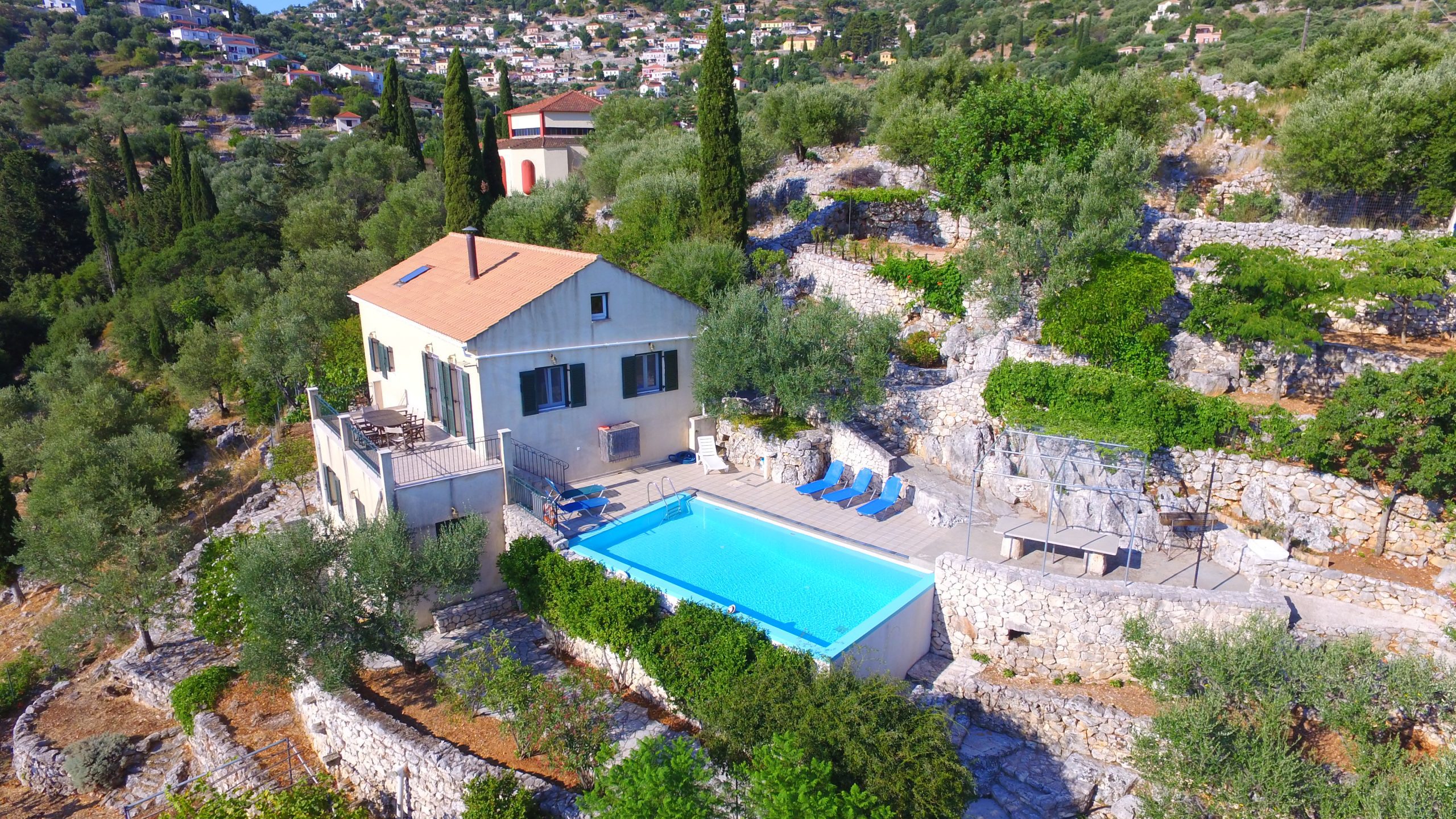Aerial landscape view of property for sale Ithaca Greece Perachori