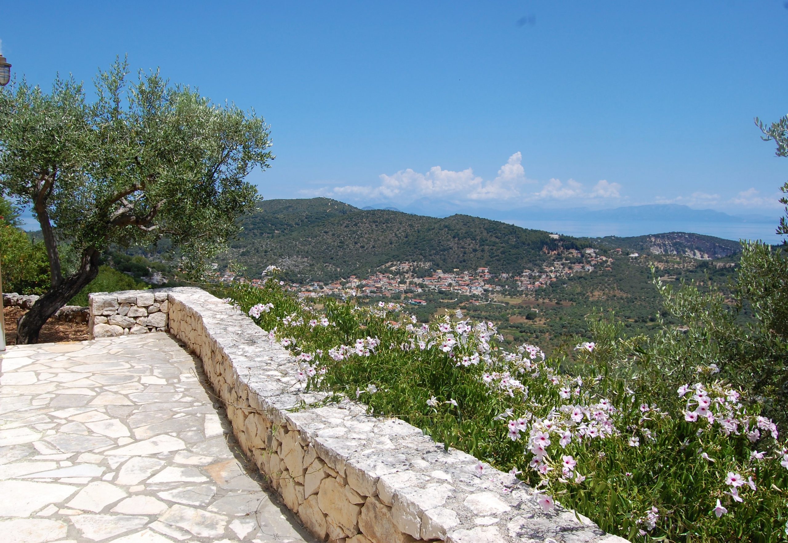 Stone terrace overlooking landscape of house for sale Ithaca Greece