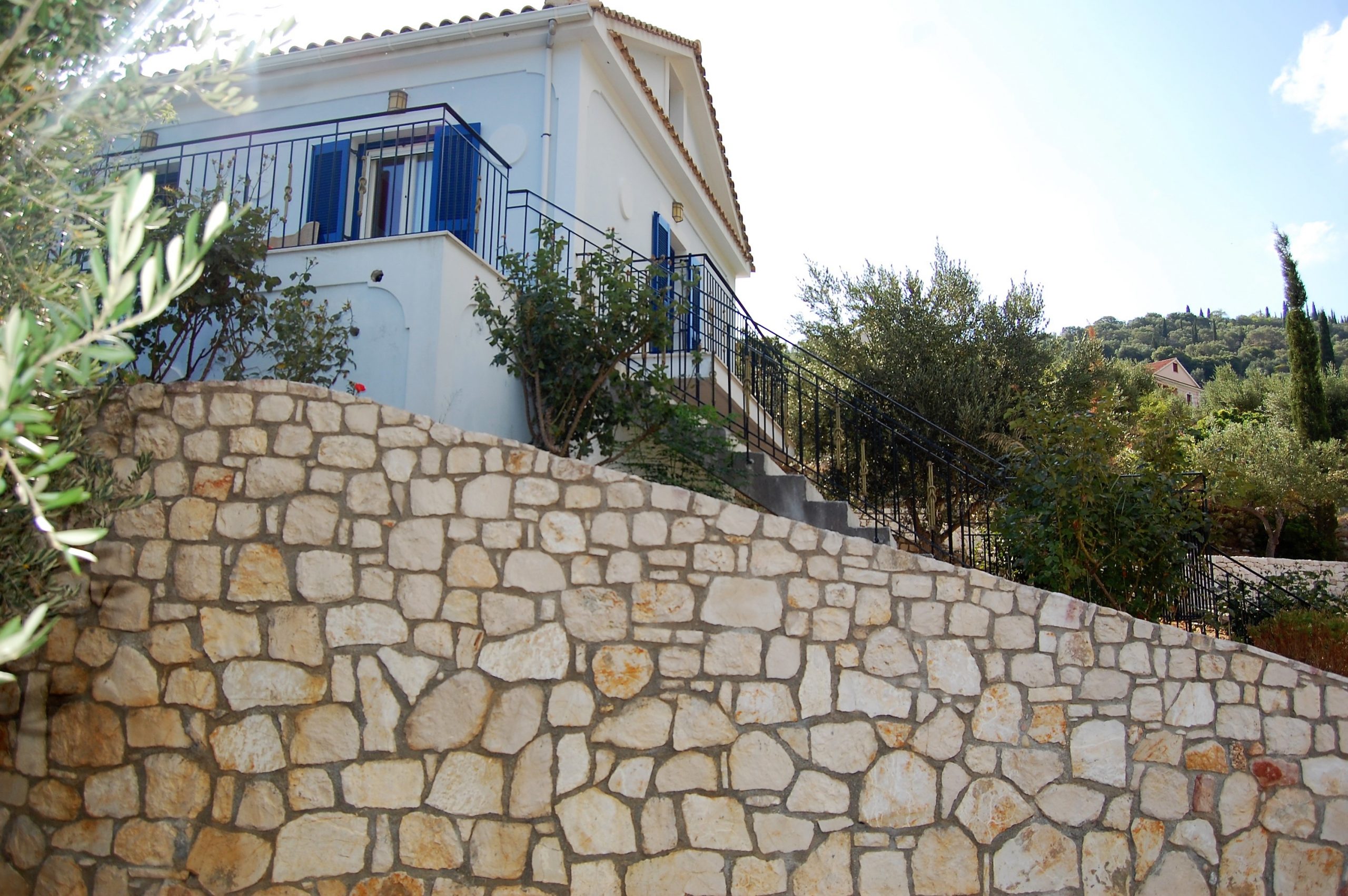 Front entrance with terraced levels of property for sale in Ithaca Greece Vathi