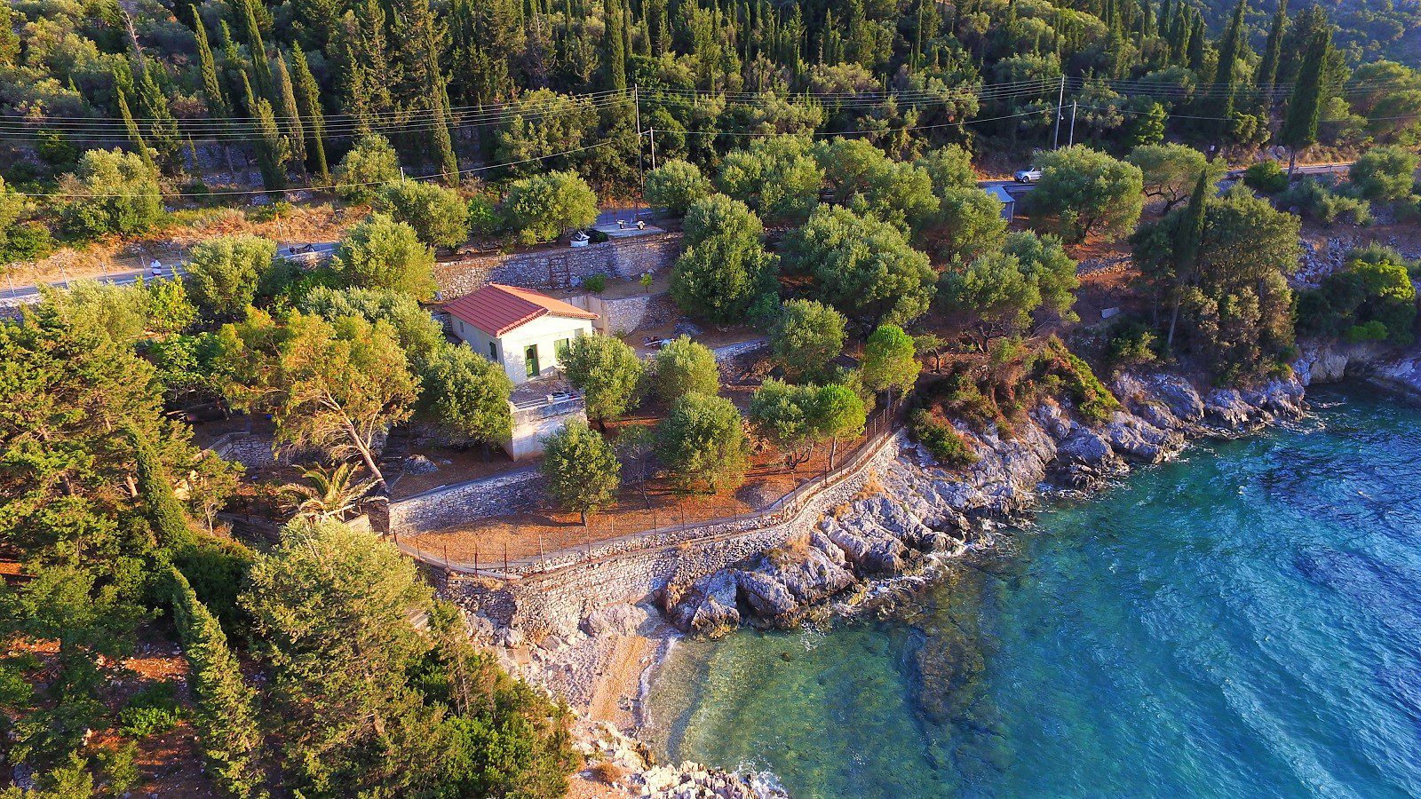 Aerial Landscape and sea view of coastal house for sale in Ithaca Greece Vathi
