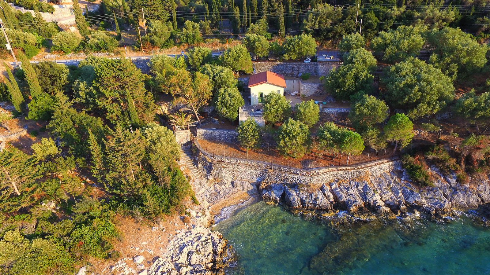 Aerial Landscape and sea view of coastal house for sale in Ithaca Greece Vathi